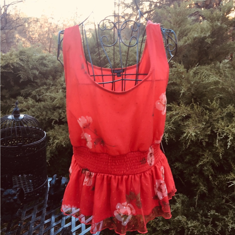 Willow Red Smocked stretchy mesh lined Peplum Tank Top - Picture 1 of 13